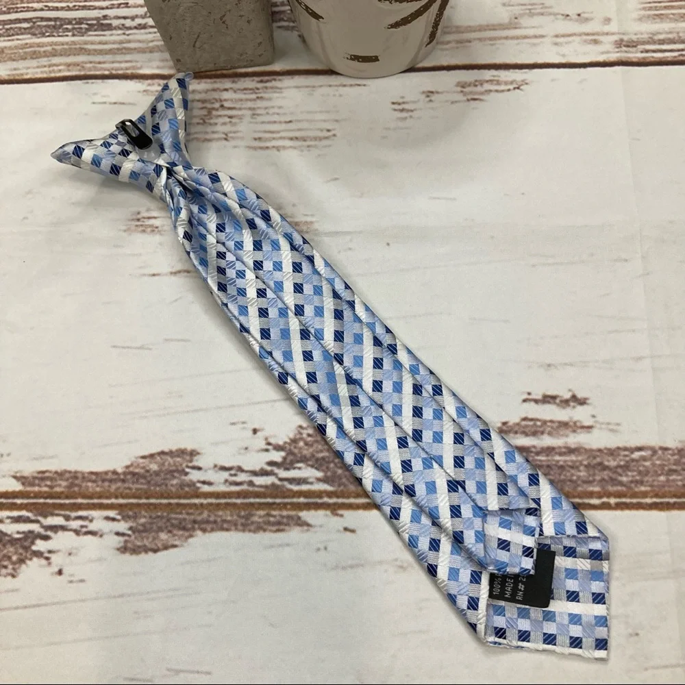 Clip-On Tie Blue & White Stripes with Boxes Sz YSL